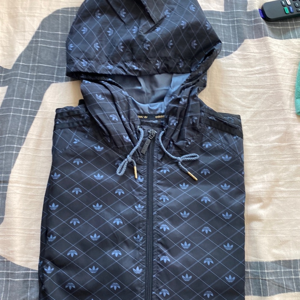 Rare vintage adidas hooded zip jacket size large all over trefoil design black